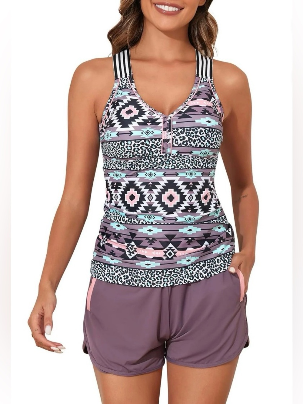 0068: Summer Mae Modest Tankini Two Piece Swimsuit with Sporty Pockets Boy Short